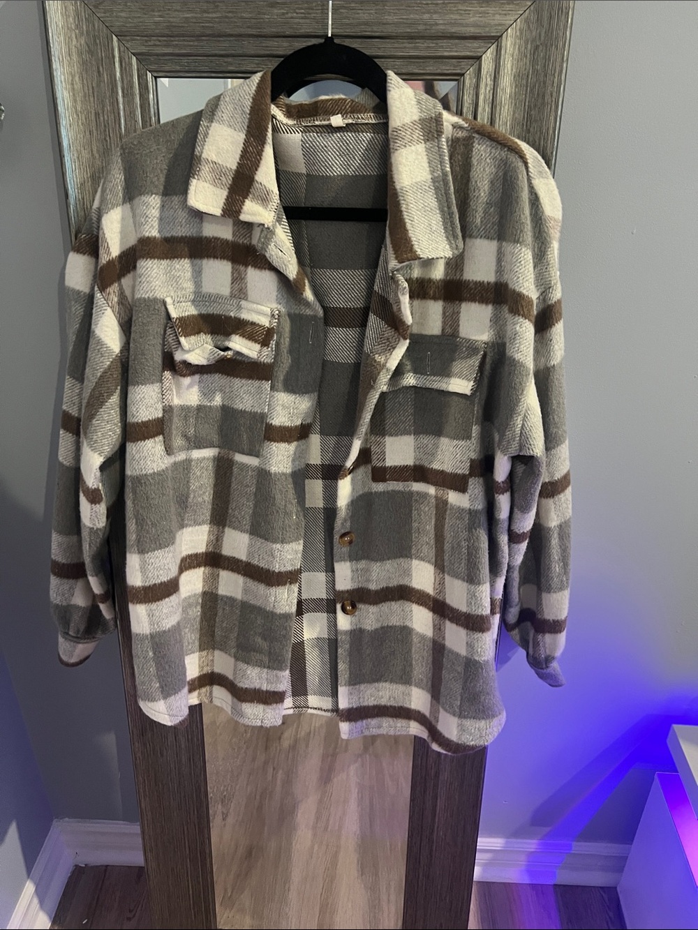 Cozy Plaid Button-Up Shacket in Gray, White & Brown